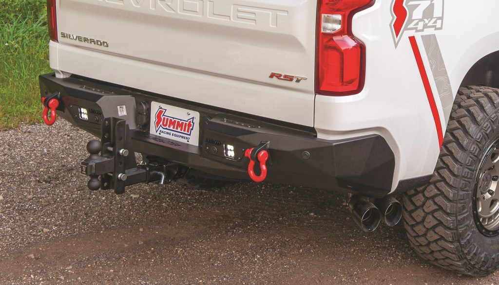 rear view of a Chevy silverado with a trailer hitch