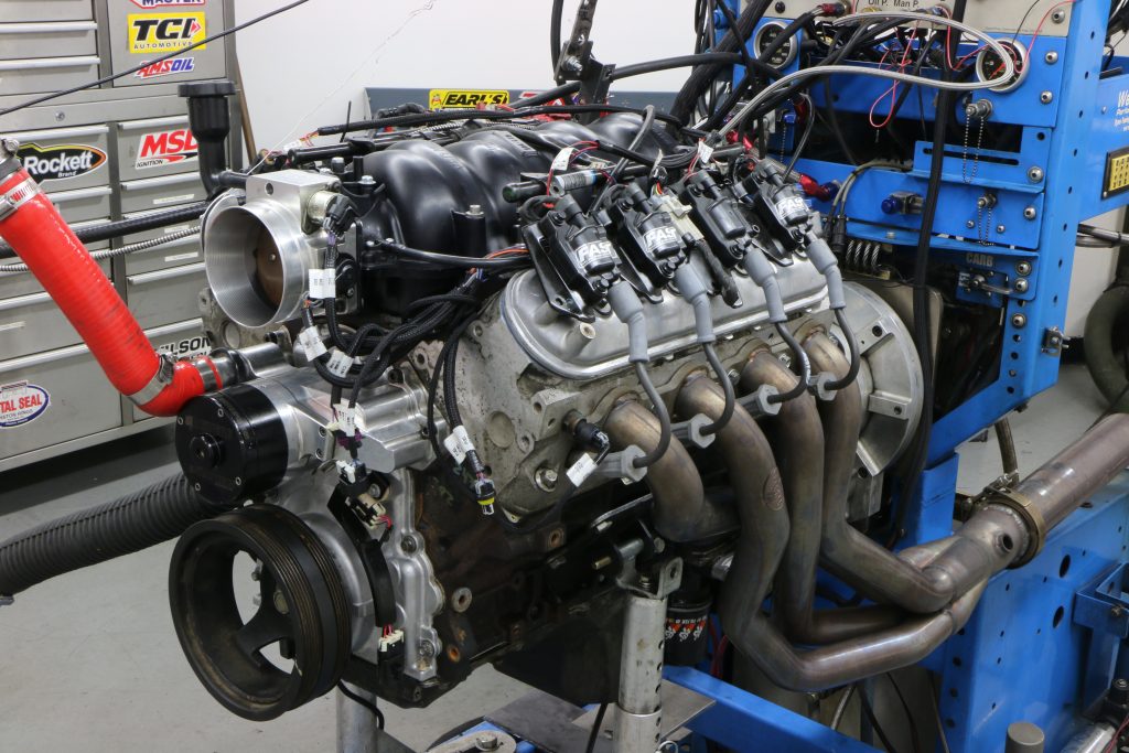 dressed ls engine on a dyno test run