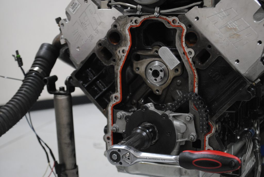 front of an ls engine with timing gear removed