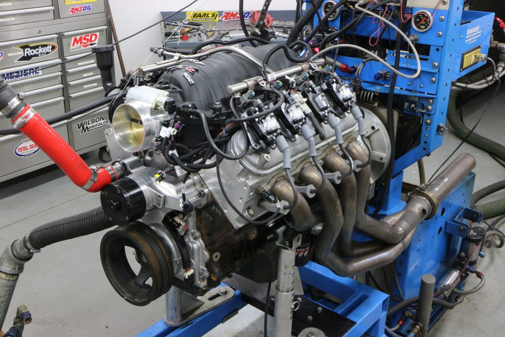 dressed ls engine with trick flow heads during dyno run