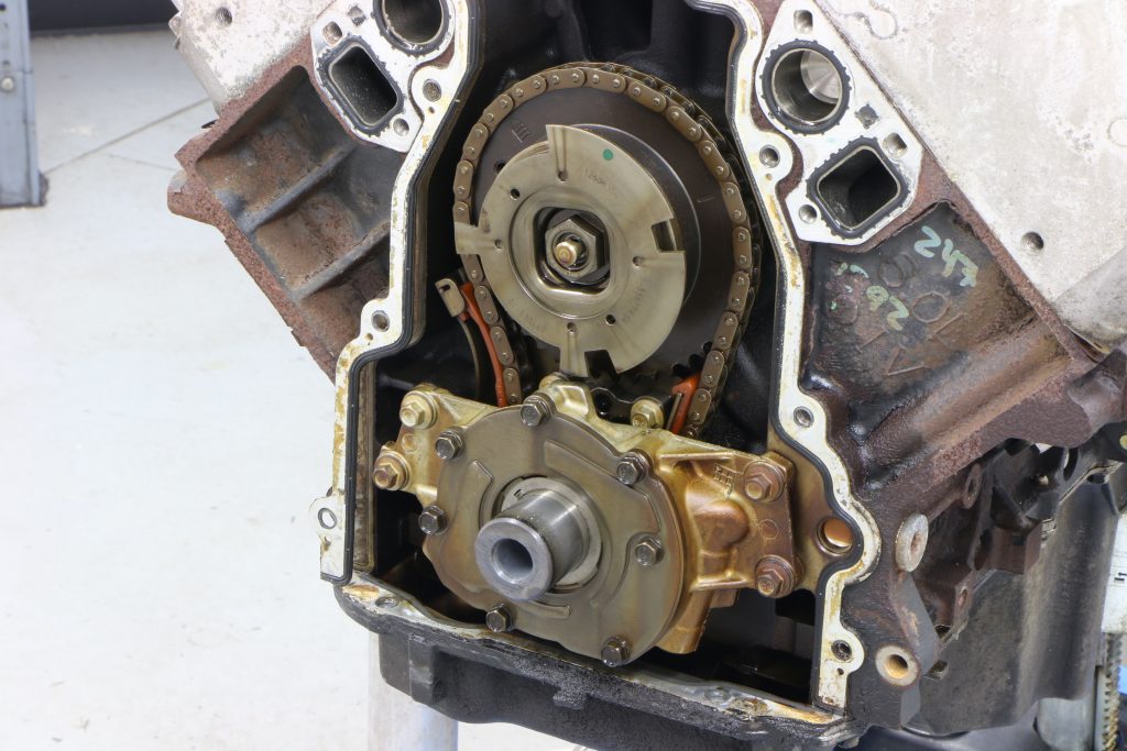 close up of timing chain assembly on n ls engine