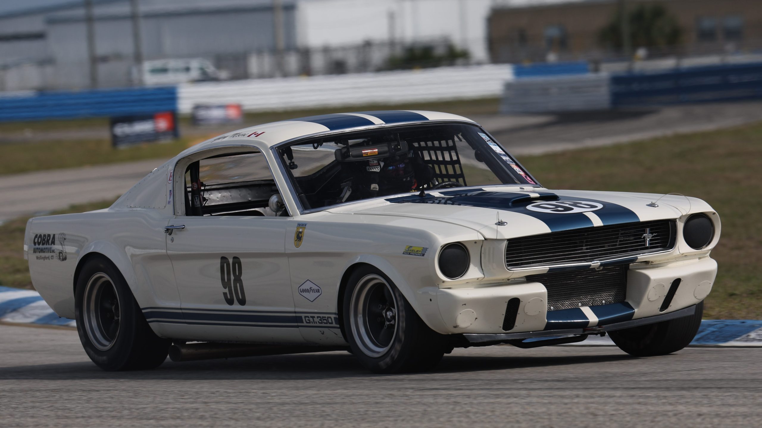 Vintage Ford Shelby GT350 race car on track
