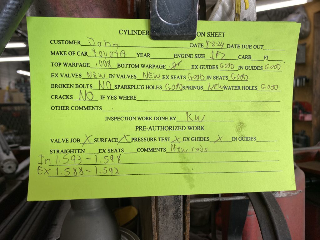 cylinder head remanufacturing spec card