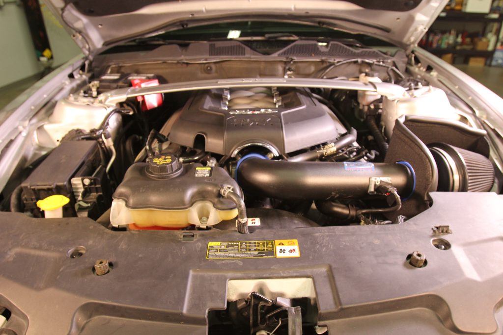 coyote engine under the hood of a Mustang