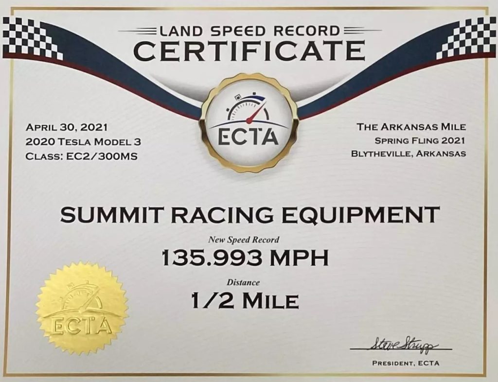 Land Speed Record Certificate Summit Racing