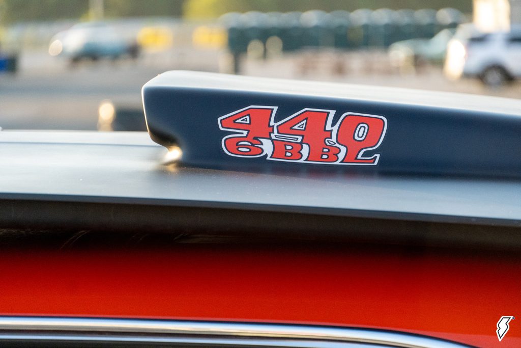 440 6 barrel sticker on a 1969 Plymouth Satellite hood scoop
