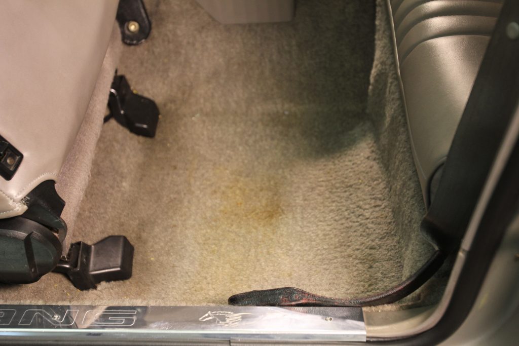 dirty carpet in the back of a car