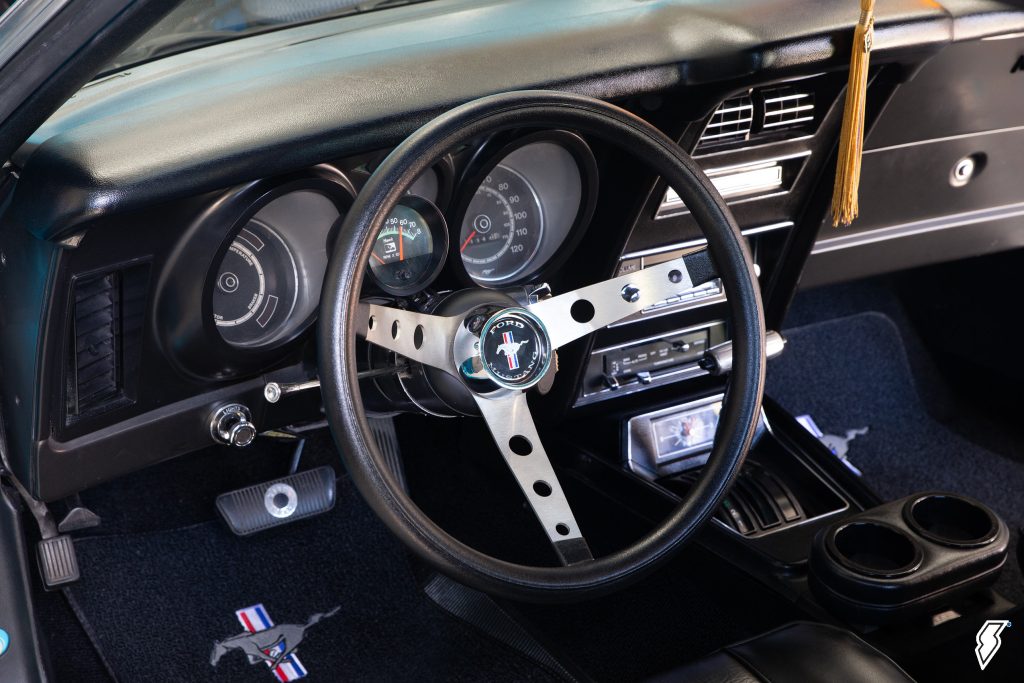 steering week and gauge cluster of a 1973 Ford Mustang Grande